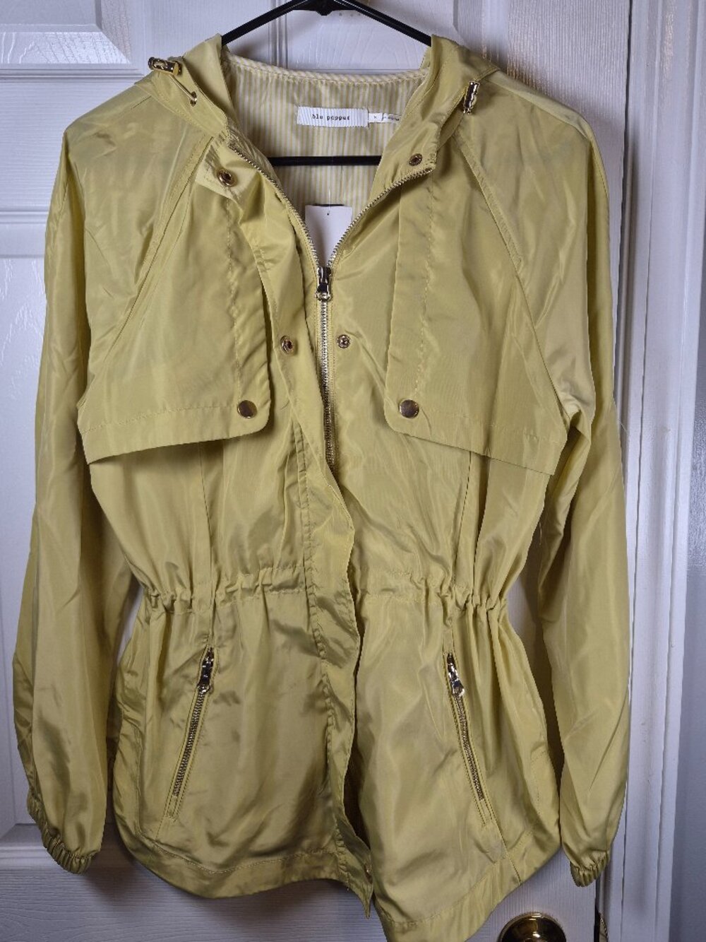 Lemon Yellow hooded anorak Rain jacket, drawstring, Blu Pepper Zip Pockets, Sz S